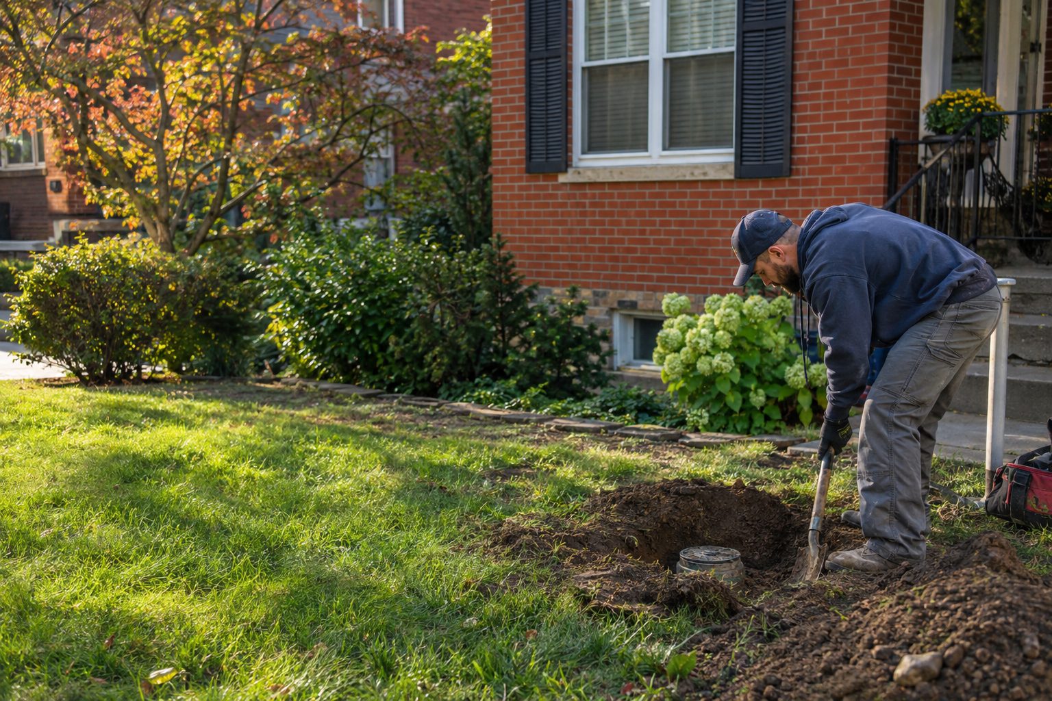 A plumber digging carefully near a sewer cleanout in the front yard at a red-brick Cincinnati home with a basement in Cincinnati, OH