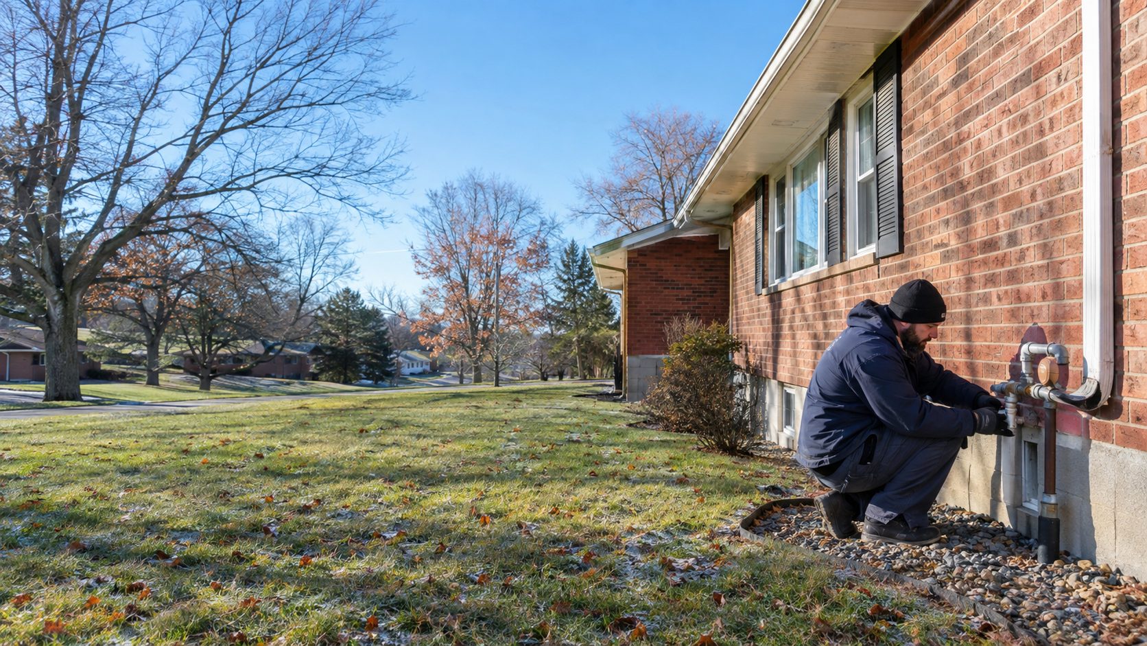 A plumber checks an exterior pipe connection beside a brick Mount Airy ranch on a cold, clear winter morning in Mount Airy, OH